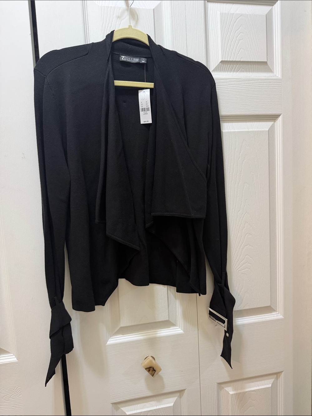 New York & Company Black Draped Open-Front Cardigan with Tie Cuffs